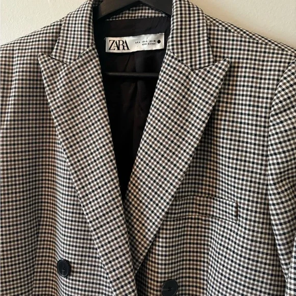 Zara Brown Houndstooth Double-Breasted Blazer L - Picture 2 of 4